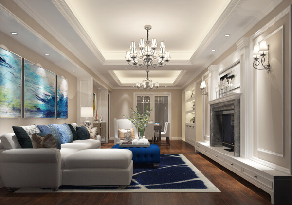 美式清新客厅蓝色挂画室内装修效果图