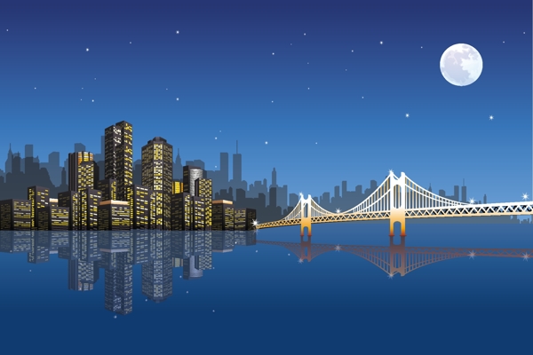 月夜大桥城市剪影