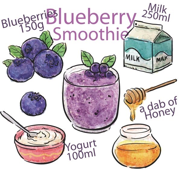 彩绘蓝莓奶昔食谱矢量素材