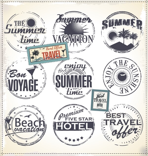 邮票与夏日旅游标签
