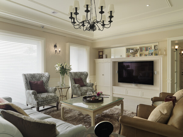 客厅美式白色电视i背景装修效果图