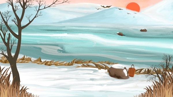 卡通冬至节气河边雪景背景