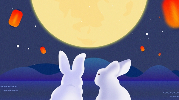 中秋节小兔子湖面望月放许愿灯