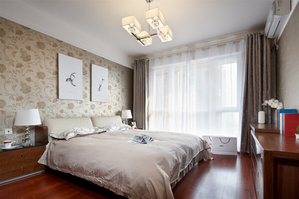 新中式简约卧室大床落地窗设计图