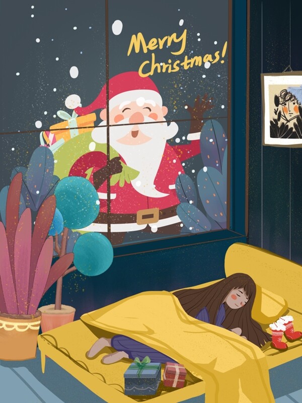 女孩熟睡时圣诞老人送礼物原创圣诞节插画