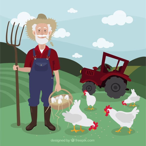 农民在农场景观与鸡