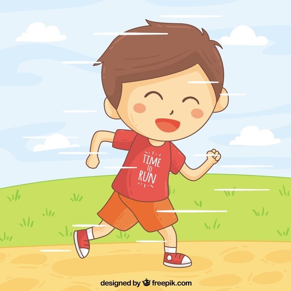 自然景色背景跑步的小男孩