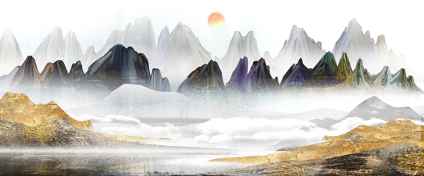 中式古风山水插画图片