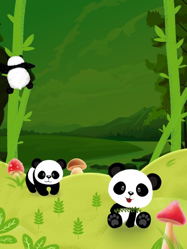 卡通绿色熊猫小清新宣传设计背景