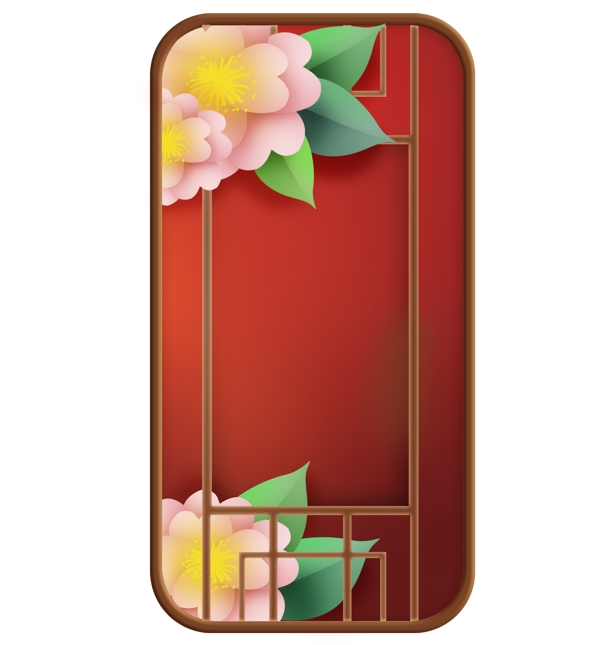 中国风红色窗子和花朵窗框