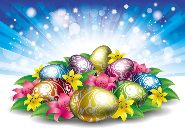 在复活节的背景下带着蛋和花