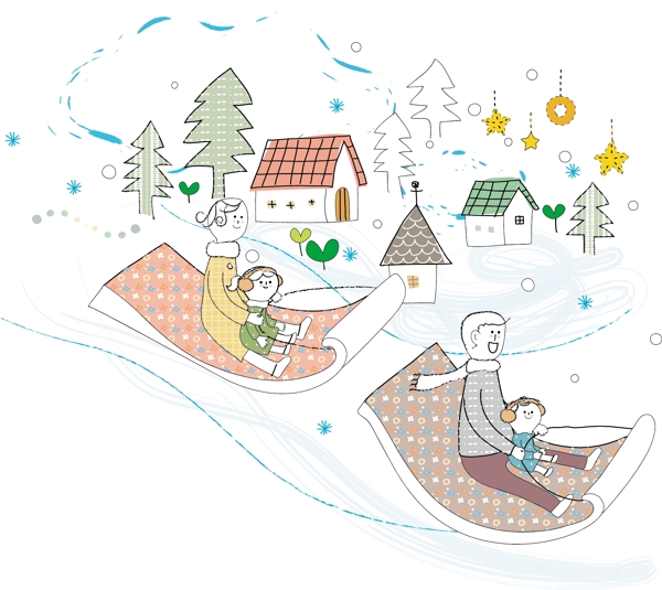 冬季滑雪的家庭插画