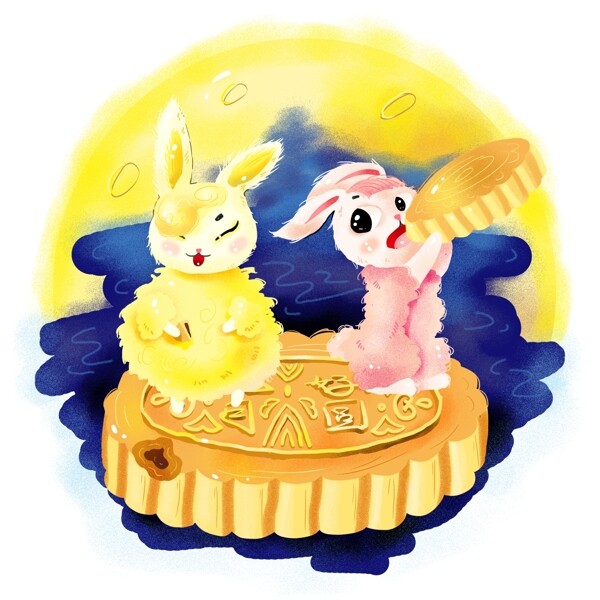 中秋节玉兔吃月饼节日插画中国风海报素材
