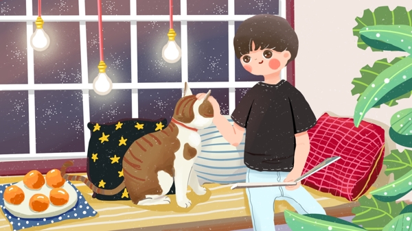 萌宠猫咪与看书的男孩原创插画海报