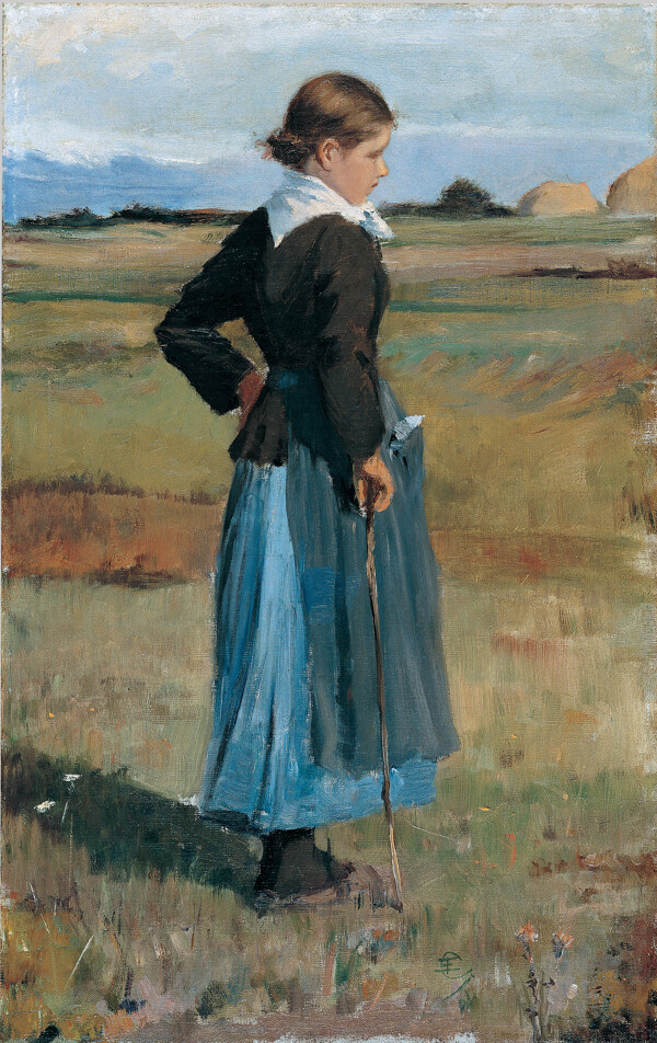 草地上的欧洲女子油画图片