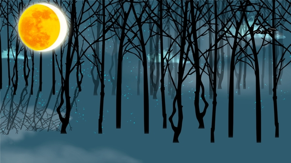 蓝色简约树林夜晚插画背景设计