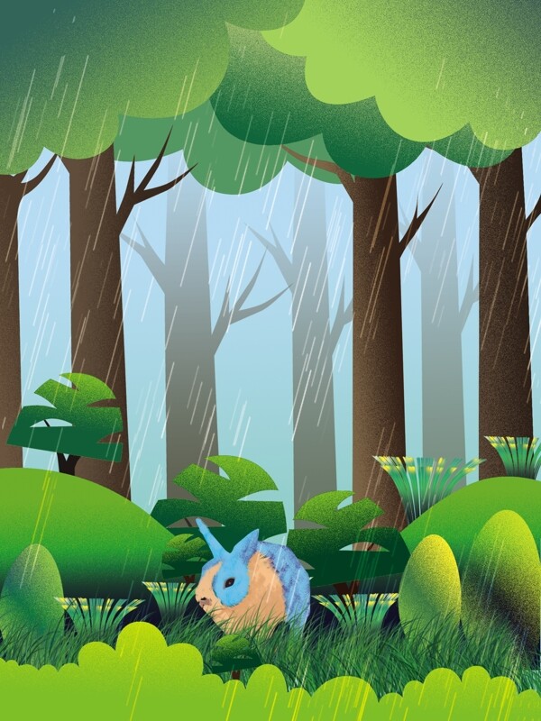 手绘夏季下雨树林背景素材