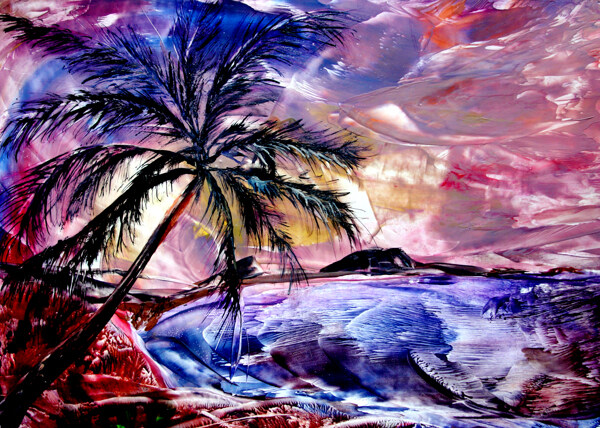 油画海滩椰树图片