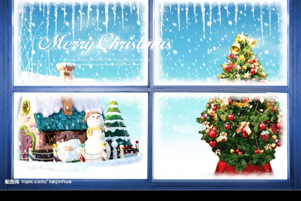 圣诞节素材窗外的冰凌雪人和圣诞树图片