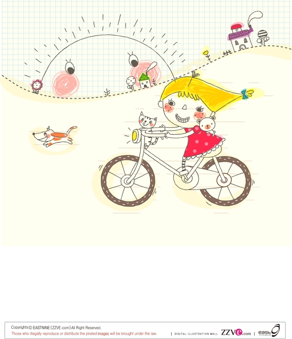骑自行车的小女孩与脸红的太阳