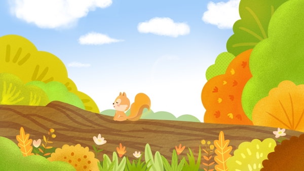 彩色树木森林中的小松鼠卡通元素