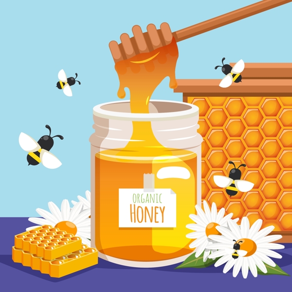 美味瓶装蜂蜜和蜜蜂矢量