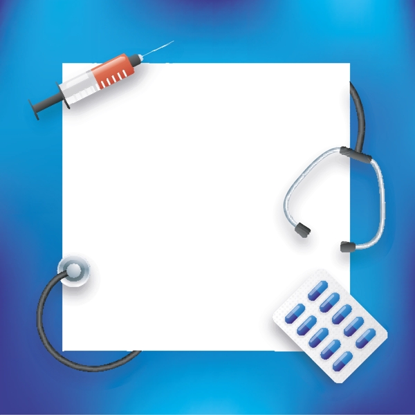 带听诊器注射器和胶囊的空白白纸有医学背景的空白文本