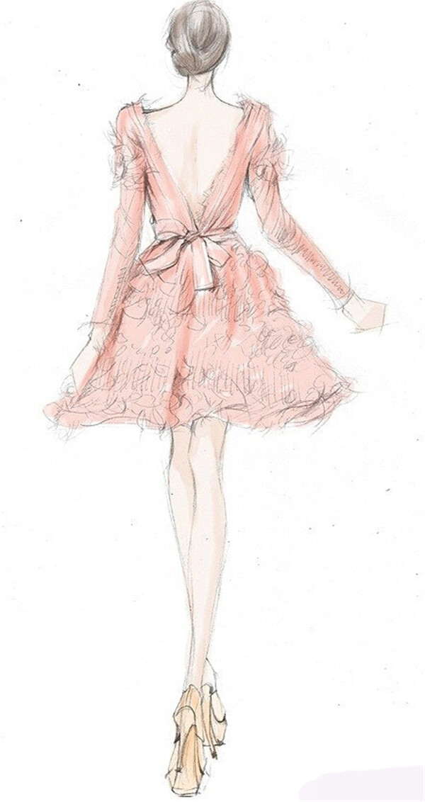 粉色露背连衣裙设计图