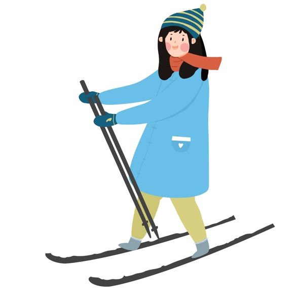 手绘简约女孩滑雪原创元素