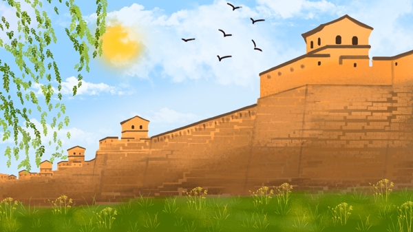 古风建筑城墙大气写实手绘插画