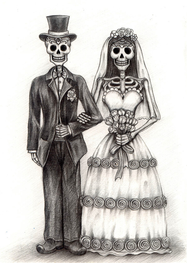 婚礼拿花的骷髅图片
