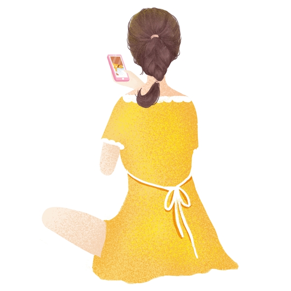 手绘坐下看手机的黄色连衣裙麻花辫美女背影元素