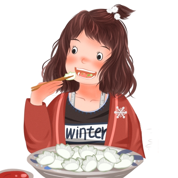 彩绘冬至大口吃饺子的女孩人物设计