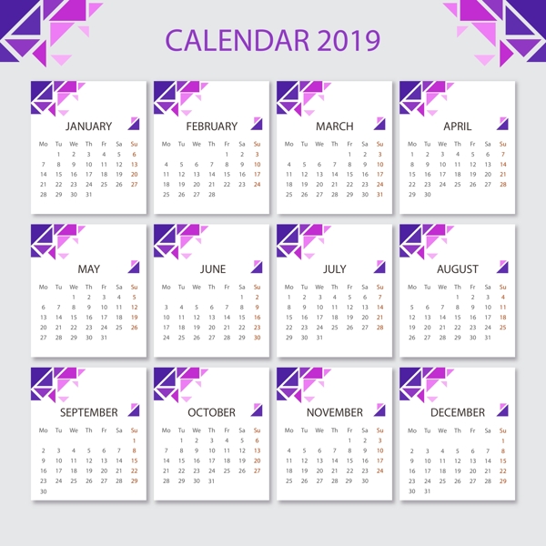 2019紫色三角形装饰台历