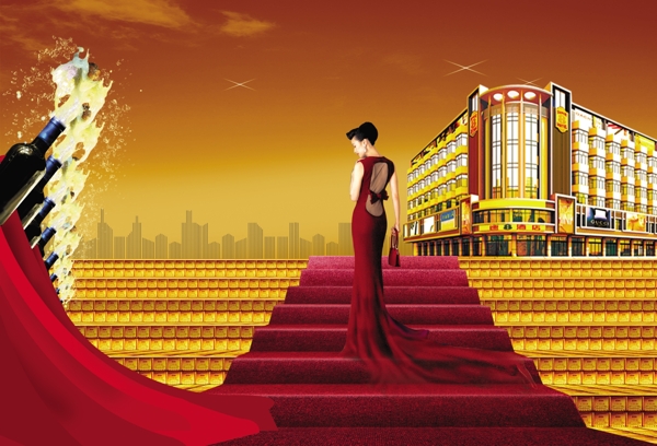 商铺酒店广告国际速8精美底色金砖台阶商业元素金砖台阶红地毯红带香槟气质美女线条楼盘