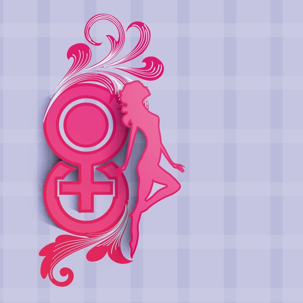 三八妇女节贺卡或海报的女孩粉红色紫色背景轮廓设计
