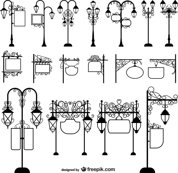 17款复古带广告牌的路灯矢量素材