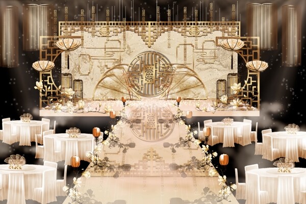 新中式金色雕花镂空灯笼唯美婚礼效果图