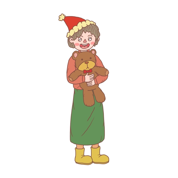 圣诞节卡通手绘女孩和玩具熊