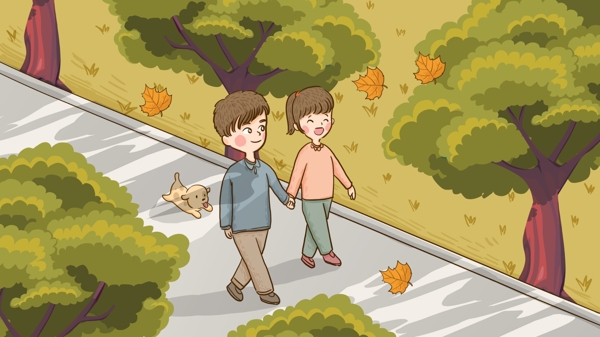 秋天你好情侣在落叶的小道散步手绘原创插画