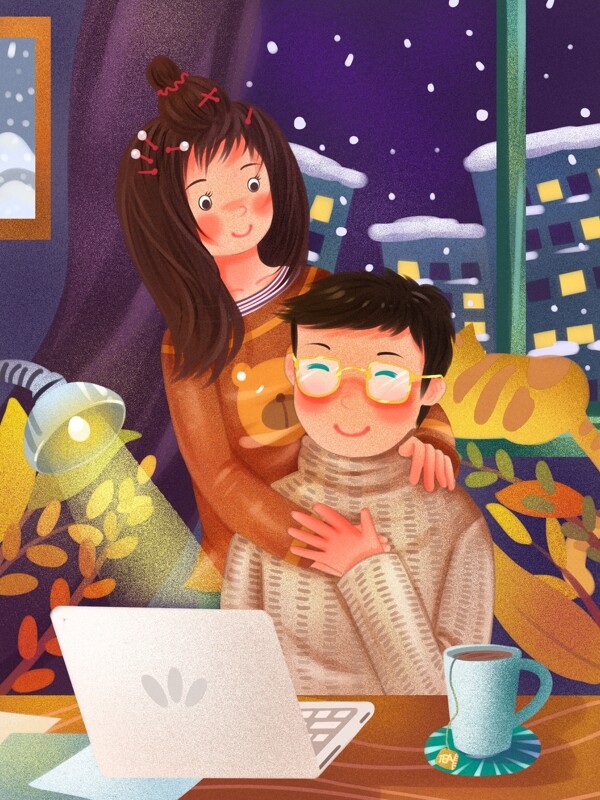 情侣冬季日常熬夜工作时的嘘寒问暖噪点插画
