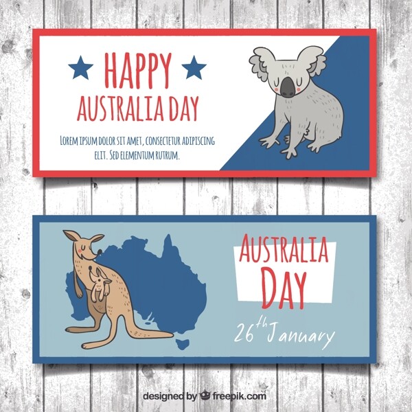 手绘澳大利亚日横幅与考拉和袋鼠