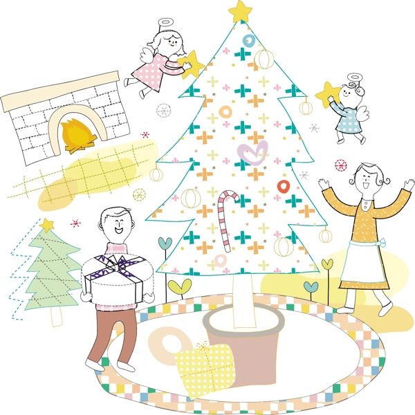 圣诞树和幸福家庭插画