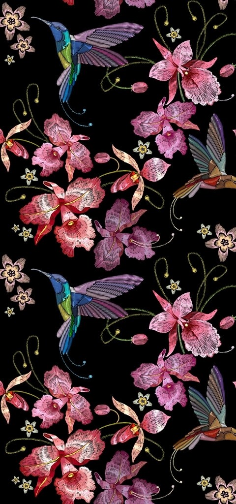 植物花朵花卉蜂鸟刺绣底纹矢量图