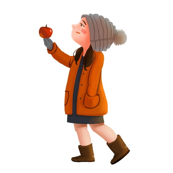 拿着苹果的卡通女孩图案元素