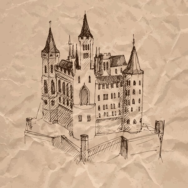 手绘复古城堡插画