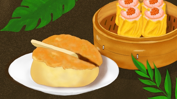 广东特产早茶系列之黄油菠萝包原创手绘插画