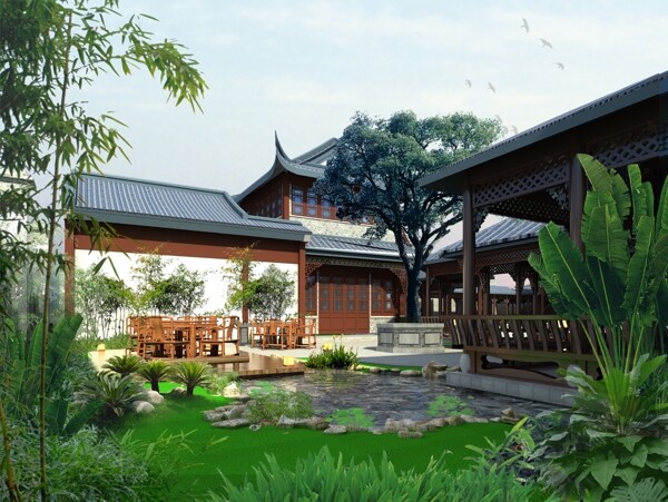 中式庭院景观效果图图片
