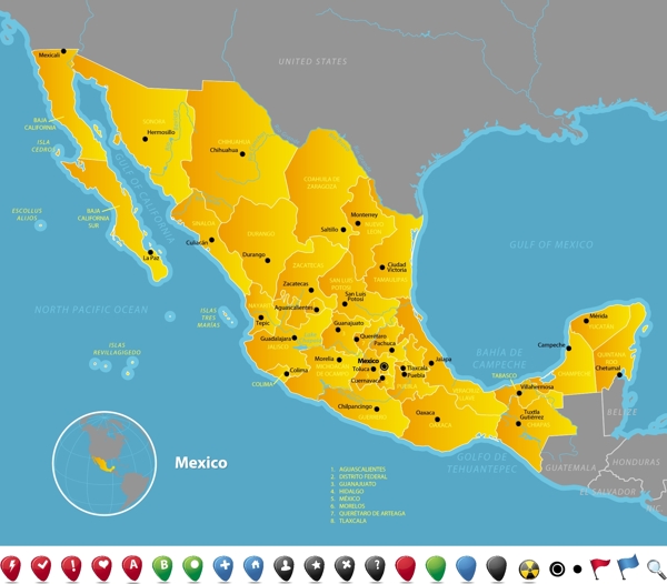 黄色墨西哥地图