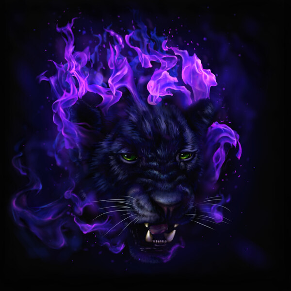 油画作品紫色火焰中的豹图片